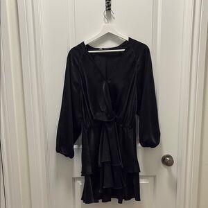 Elegant Black Zara Faux-Wrap Ruffle Long Sleeve Mini Dress